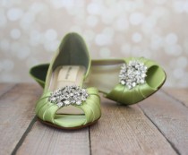 wedding photo - Wedding Shoes -- Spring Green Peeptoe Wedding Shoes with Silver Rhinestone Adornment