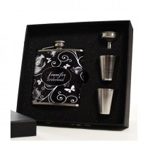 wedding photo - Personalized Bridesmaid Gift // Black Swirls Flask Sets