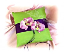 wedding photo - Wedding Ring Pillow - Deep Purple Plum and Green - Orchids Wedding Ring Bearer Pillow -  Ceremony Accessories Decor