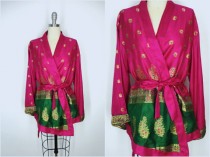wedding photo - Kimono / Silk Kimono Robe / Kimono Cardigan / Kimono Jacket / Wedding lingerie / Vintage Sari / Art Deco / Downton Abbey / Magenta Pink