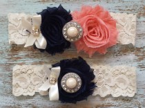 wedding photo - Navy Blue and CORAL Wedding Garter, CUSTOMIZE IT, Bridal Garter Set, Shiny Ivory Pearl Center, Toss Garter Included