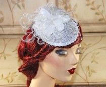 wedding photo - White Fascinator with Birdcage Veil - Bridal Hat - Wedding Fascinator - British Tea Party Hat - Bridal Fascinator