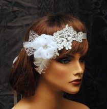 wedding photo - Wedding Headpiece, Bridal Rhinestone Hair Piece, Lace Headpiece, 1920s Headpiece, Wedding Accessories, Feathers and Silk Flower Headpiece