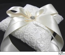 wedding photo - Design your own wedding ring pillow - Alencon lace Ivory ring bearers pillow with ribbon bow and a rhinestone button of your choice