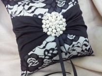 wedding photo - Black Ivory Ring Bearer Pillow Lace Ring Pillow Pearl Rhinestone Accent