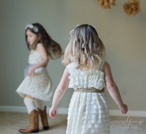 wedding photo - Ivory Ruffle Flower Girl Dress with Toffee Sash by Everything Ruffles - Wide Straps/Cap Sleeves, 1 Inch Ruffles