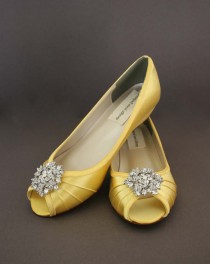 wedding photo - Yellow Wedding Shoes -- Yellow Peeptoe Wedge Wedding Shoes with Classic Rhinestone Cluster with Pearl Accent