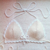 wedding photo - Crochet Kitten Top - Bralette - Handmade Vegan Bra, Bikini - Tea Rose with White Trim - Noelebelle - Made to Order