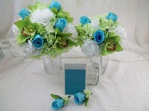 wedding photo - Tropical Destination Wedding Flowers Bridal Bouquet Silk Flowers Davids Bridal Pool BLue Roses,Green Orchids, Hydrangeas and White Roses
