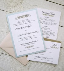 wedding photo - Baroque Wedding Invitations - Vintage Glamour Gold Border Elegant Pink Blue Ribbon.  Purchase this listing for a Sample.