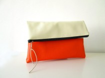 wedding photo - Clutch purse Foldover,  Color Block, Cream and Orange, Bridesmaids gift, Wedding