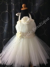 wedding photo - Ivory flower girl dress with flower accent. Baptism dress. Party dress.