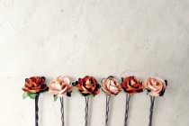 wedding photo - Autumn Rose Hair Pins. Set of 6 Paper Flower Bobby Pins in Burnt Orange and Sweet Peach. Rustic Bridal Hair Accessories for Country Wedding.
