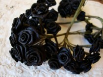wedding photo - Black flower picks silk fabric flowers roses wired stems millinery wedding craft supplies black floral mini roses bouquet