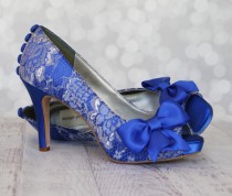 wedding photo - Wedding Shoes -- Royal Blue Platform Peep Toe Custom Wedding Shoes with Silver Lace Overlay, Bow and Buttons