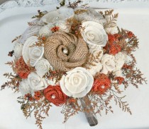 wedding photo - Full Sized Orange Rustic Autumn Wedding Heirloom Bride's Bouquet - Sola Wood, Wildflowers, Fabric  Flowers, Burlap Flowers, Burlap Bouquet
