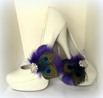 wedding photo -  Bridal Shoe Clips - Peacock Shoe Clips, Purple, Feathered Shoe Clips, Wedding Shoe Clips