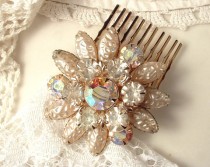 wedding photo - Vintage Sash Pin OR Hair Comb, Ivory Baroque Pearl & Champagne Rhinestone Gold Bridal Round Brooch / Haircomb, Rustic Chic Country  Wedding