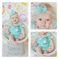 wedding photo - Flower Girl Dress & Headband SET-Blue Aqua Lace Petti Romper-Baby Girl Clothes-Preemie-Newborn Girl Clothes-Infant-Child-Baptism-Wedding