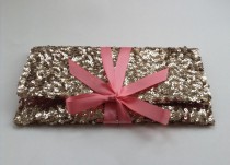 wedding photo - Gold sequins clutch with light pink blush bow // Sparkle glitter envelope slim wedding bag // Custom colors