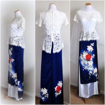 wedding photo - Designer Kimono Dress Two Piece Paneled Floral Silk Skirt and Peplum Lace Blouse Blue White Satin ALine Sheer Top Bohemian Wedding Rehearsal