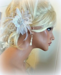 wedding photo -  Wedding White or Ivory Vintage style bridal hair fascinator,feathers french net,lace rhinestone jewel bridal hair clip 3 inch