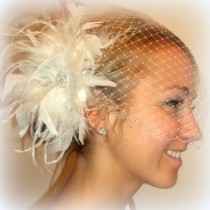 wedding photo -  Wedding Feather Bridal Hair Fascinator and Bandeau French Net Bridal Veil, feather fascinator white or ivory