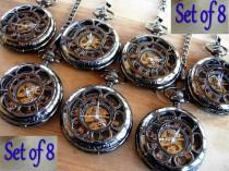 wedding photo - Set of 8 Pocket Watches with Chains Personalized Gunmetal Black Groomsmen Gift Ships from Canada