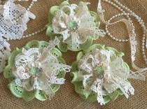 wedding photo -  3 shabby chic lace and fabric handmade flowers green and ivory colors.