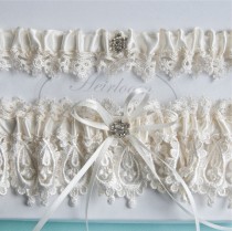 wedding photo - Wedding Garter Set,  Lingerie, Garters, Bridal Garters, Weddings Garter in Ivory  Heirloom Venice Wedding Lace