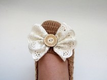 wedding photo - Camel Crochet booties with bow-Adult Size-Camel Crochet Slippers with Lace Bow