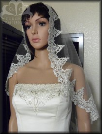 wedding photo - Silver Mantilla Bridal Veil Amazing Embroidered Lace