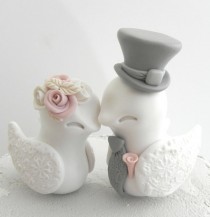 wedding photo - Lovebirds Wedding Cake Topper, White, Dusty Pink and Grey, Bride and Groom Keepsake, Fully Customizable