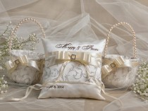 wedding photo - Flower Girl Basket & Ring Bearer Pillow Set (2) , Bowl and Lace, Embriodery Names