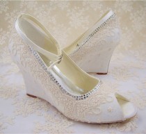 wedding photo - Lace Wedding Shoes, Peep toe Bridal  Shoes, Rhinestone Wedge Shoes, Bridesmaid Shoes, Champagne Floral Pattern Lace Shoes, Ivory Wedge Shoes