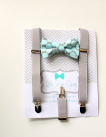 wedding photo - Mint Polka Dot Bow Tie with Gray Suspenders..baby boy bow tie..ring bearers..groomsman..cake smash..suspenders..bow tie..boy outfits..summer