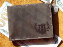 wedding photo - Monogrammed Leather Wallet - Personalized, Engraved, Groomsmen Wallets