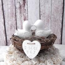 wedding photo - Rustic Wedding Cake Topper - White Lovebirds in Nest - Personalized Heart - Bride and Groom - Simple and Elegant