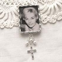 wedding photo - Photo & Quote Bouquet Charm with Rhinestone Cross, Crystals and Pearls