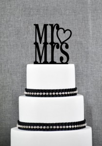 wedding photo - Mr and Mrs Cake Topper with Heart Accent – Custom Wedding Cake Topper Available in 15 Colors and 6 Glitter Options