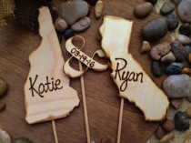 wedding photo - CUSTOM Wedding Cake Toppers USA States Rustic Personalized with YOUR Names Transplants 3-pc Set Vintage Travel Country Texas Organic Natural