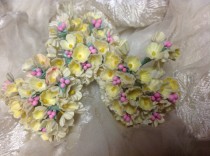 wedding photo - 3 BOUQUETS VINTAGE Millinery Flowers Forget Me Nots Yellow with Pink Composition Buds  for Weddings - Mothers Day & Easter