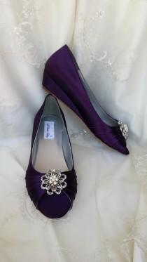 wedding photo - Wedding Shoes Purple Eggplant Wedge Shoes Bridal Wedges with Pearl and Crystal Flower Brooch