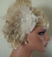 wedding photo -  Ivory bridal fascinator, hair clip ivory peacock feathers french net pearl rhinestone jewel - wedding accessory