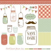 wedding photo - 14 Hand Drawn Mason Jars and digital paper - Clip art for scrapbooking, wedding invitations, Personal and Small Commercial Use.