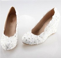 wedding photo - 2014 White/Iory Lace Wedge, Handmade Lace Bridal Shoes, Ivory Lace Wedding Shoes, White Lace Shoes In Handmade