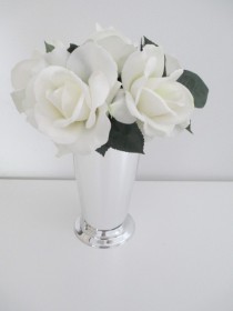 wedding photo - Tall Realtouch Rose Silver Metallic Julep Cup Wedding Ceremony Floral Centerpiece Aisle Arrangement