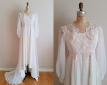 wedding photo - Vintage 1960s Wedding Dress / 60s Wedding Gown / Applique Lace / XS