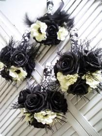 wedding photo - Black Magic Silk Rose and Silk Anemone Black feather  Damask Bridal and Bridemaids Bouquet Set