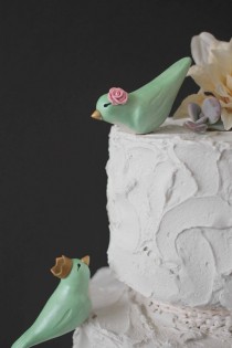wedding photo - Mint Green Lovebirds with Crowns - Custom Birds Wedding Cake Toppers